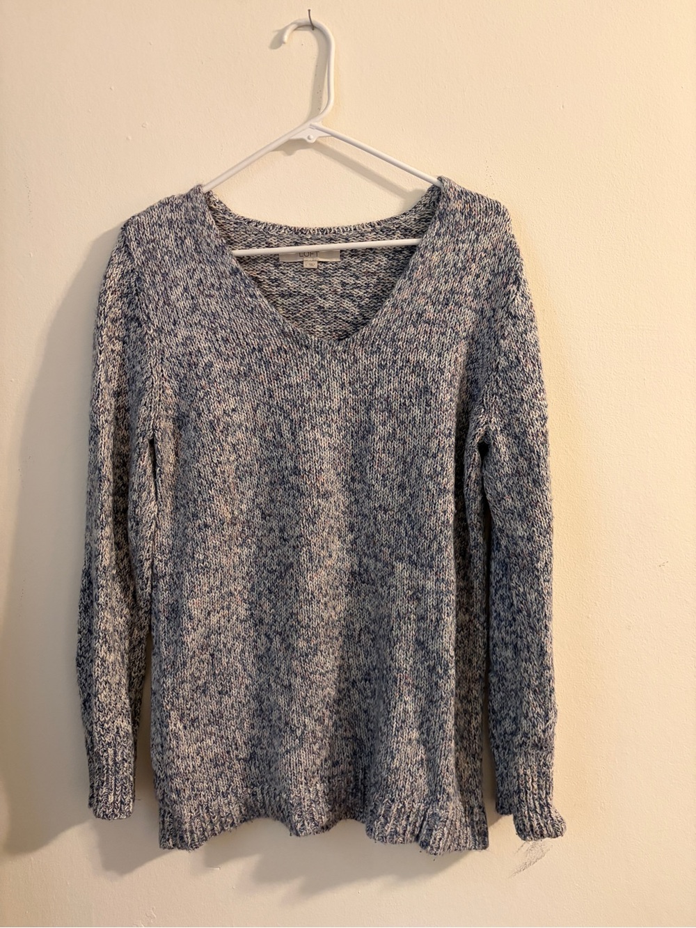 LOFT Marled Blue and Gray V-Neck Sweater
